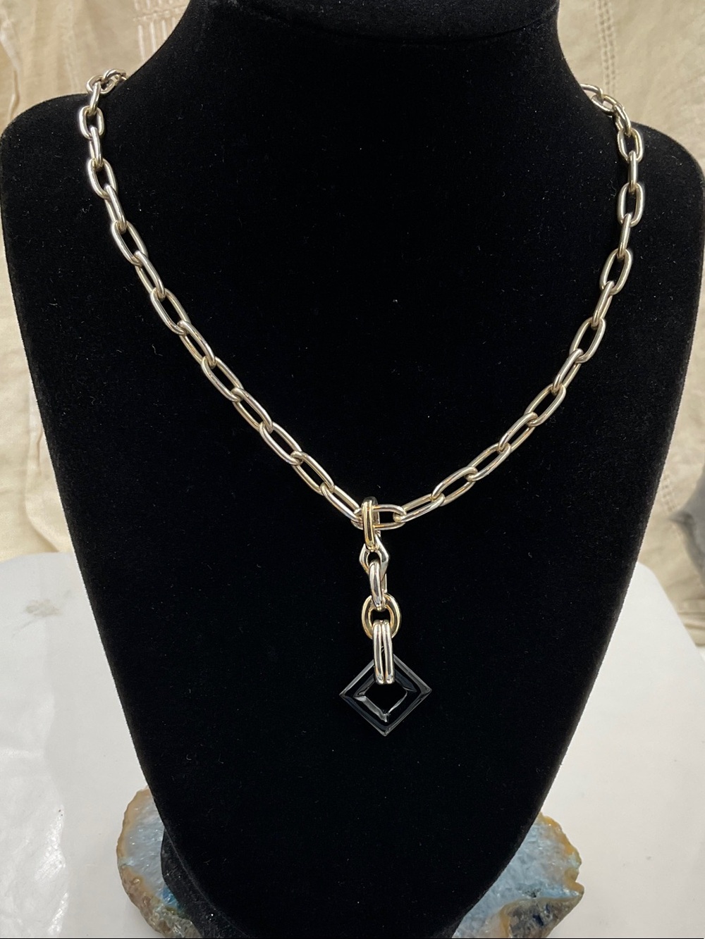 Vintage 18” Sterling Silver Chain Necklace W/Black Onyx Gemstone Pendant (2”)